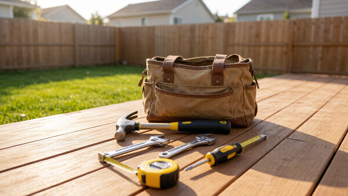 Essential hand tools arranged on a wooden deck for summer yard repairs