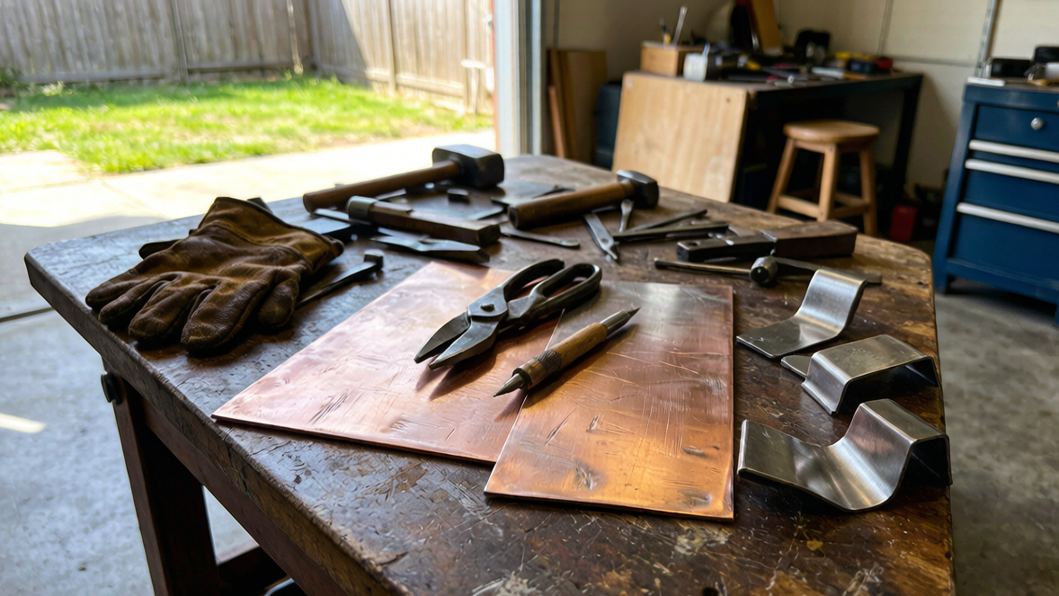 beginner metal working projects cutting and bending copper stainless steel sheets at home