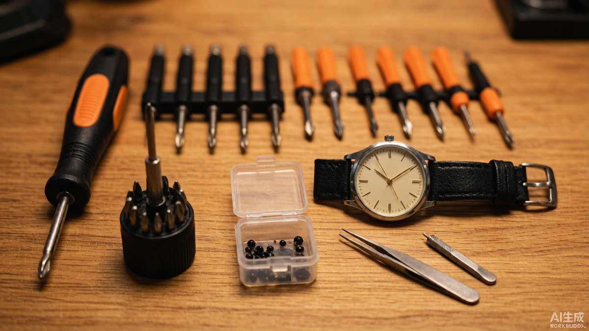 A basic watch repair workspace usually starts with a small selection of precision tools rather than a large professional collection.