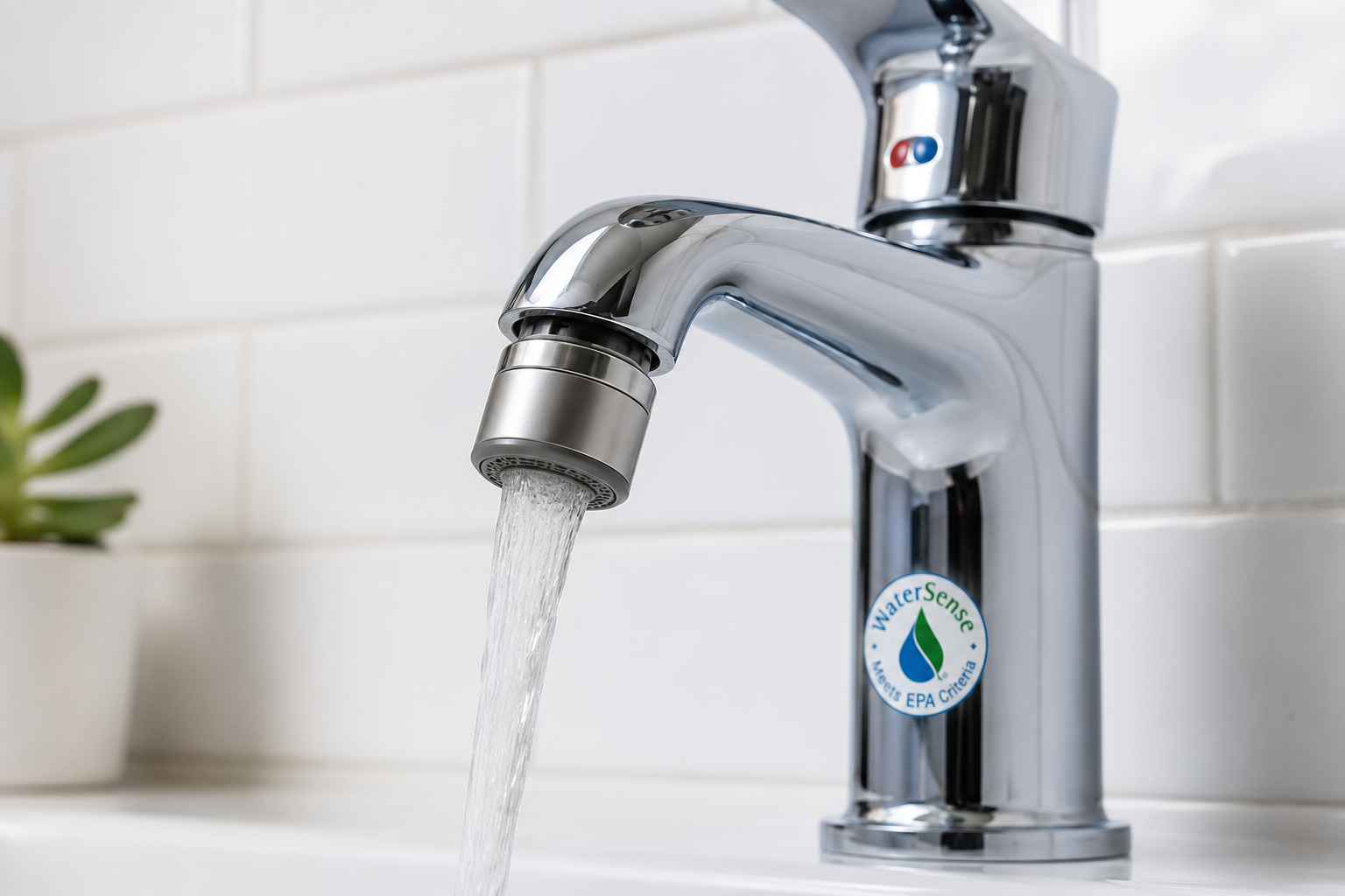 Close-up of a modern chrome bathroom faucet fitted with a water-saving aerator and blue WaterSense label.