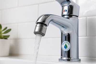 Close-up of a modern chrome bathroom faucet fitted with a water-saving aerator and blue WaterSense label.