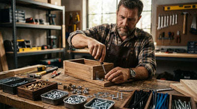 A hands-on father working at a wooden workbench for a Father's Day DIY workshop, surrounded by organized containers of hardware gifts like rivet nuts, hex nuts, washers, and concrete screws | HomeDIYer