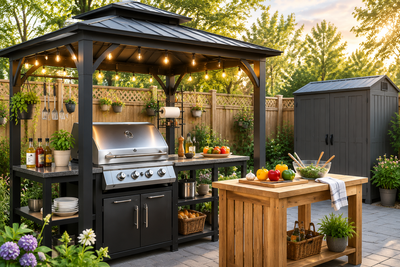 Outdoor BBQ station furniture setup showing gazebo, preparation table, storage and weatherproof hardware in backyard