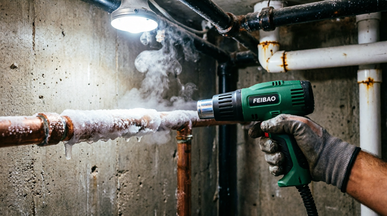 A person wearing work gloves uses a green FEIBAO heat gun to thaw a frozen copper water pipe covered in ice and emitting steam in a basement.
