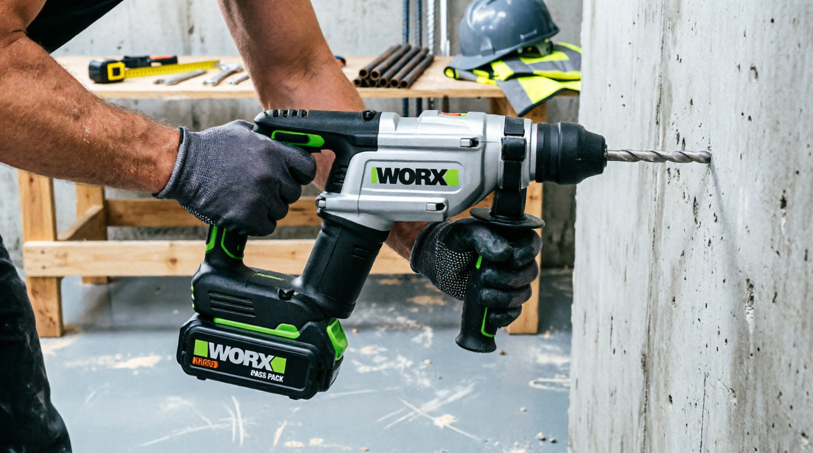 Worker wearing gloves using WORX rotary hammer drill on concrete wall in workshop