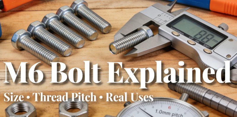M6 Bolt Explained: Size, Thread Pitch & How It Works - Stainless steel M6 bolts with digital caliper measuring thread pitch on wooden workbench, professional DIY hardware guide cover image