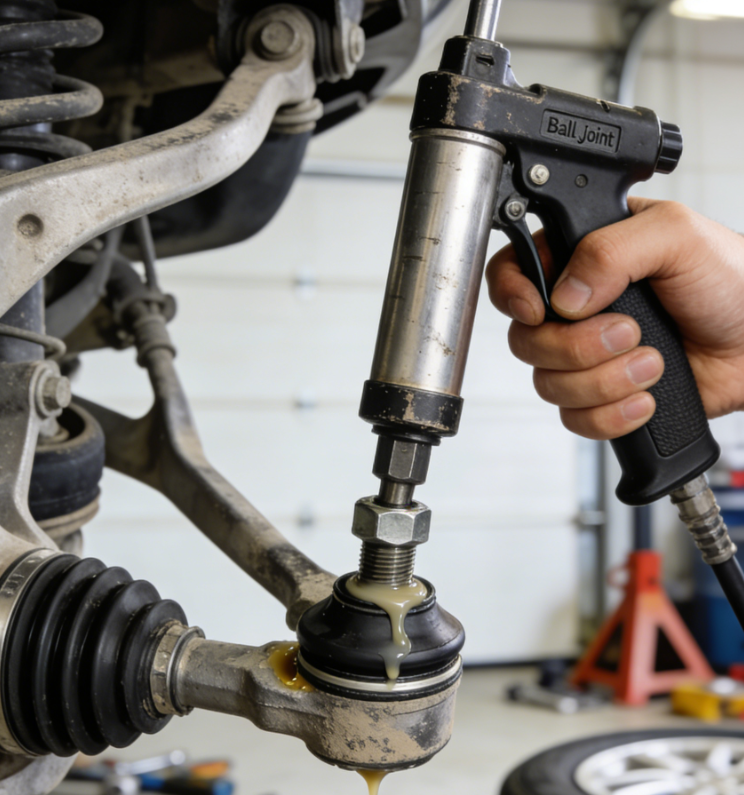 Ball Joint Grease Gun - hand using grease gun to lubricate car ball joint with fresh grease | HomeDIYer