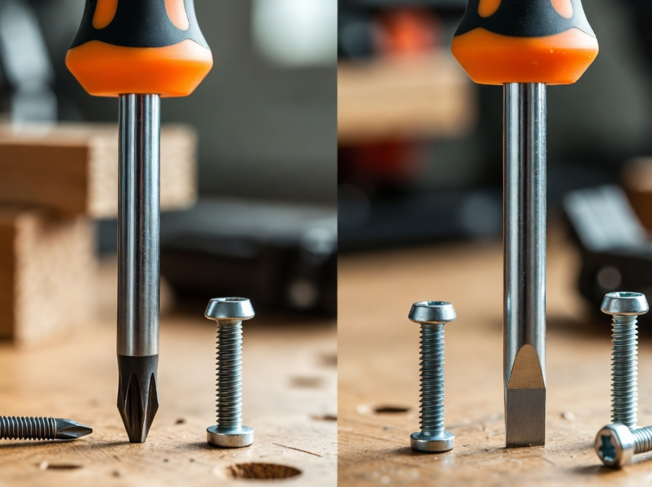 Phillips vs Flathead Screwdriver - flathead and phillips screwdriver tips compared with screws on wooden workbench | HomeDIYer