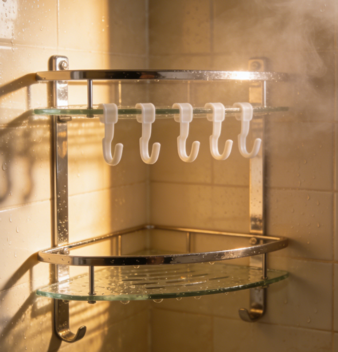 Corner Shower Shelf - two-tier glass and stainless steel corner shower shelf with hooks in tiled shower | HomeDIYer