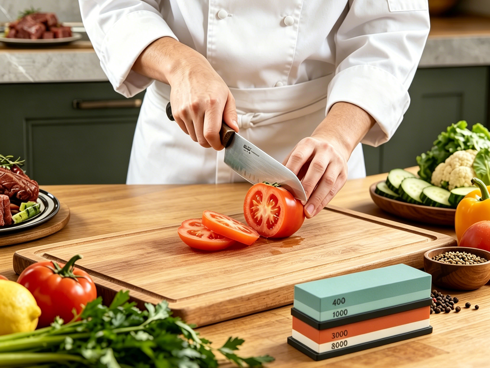 A chef slicing tomato, with multi-grit whetstone on kitchen counter.