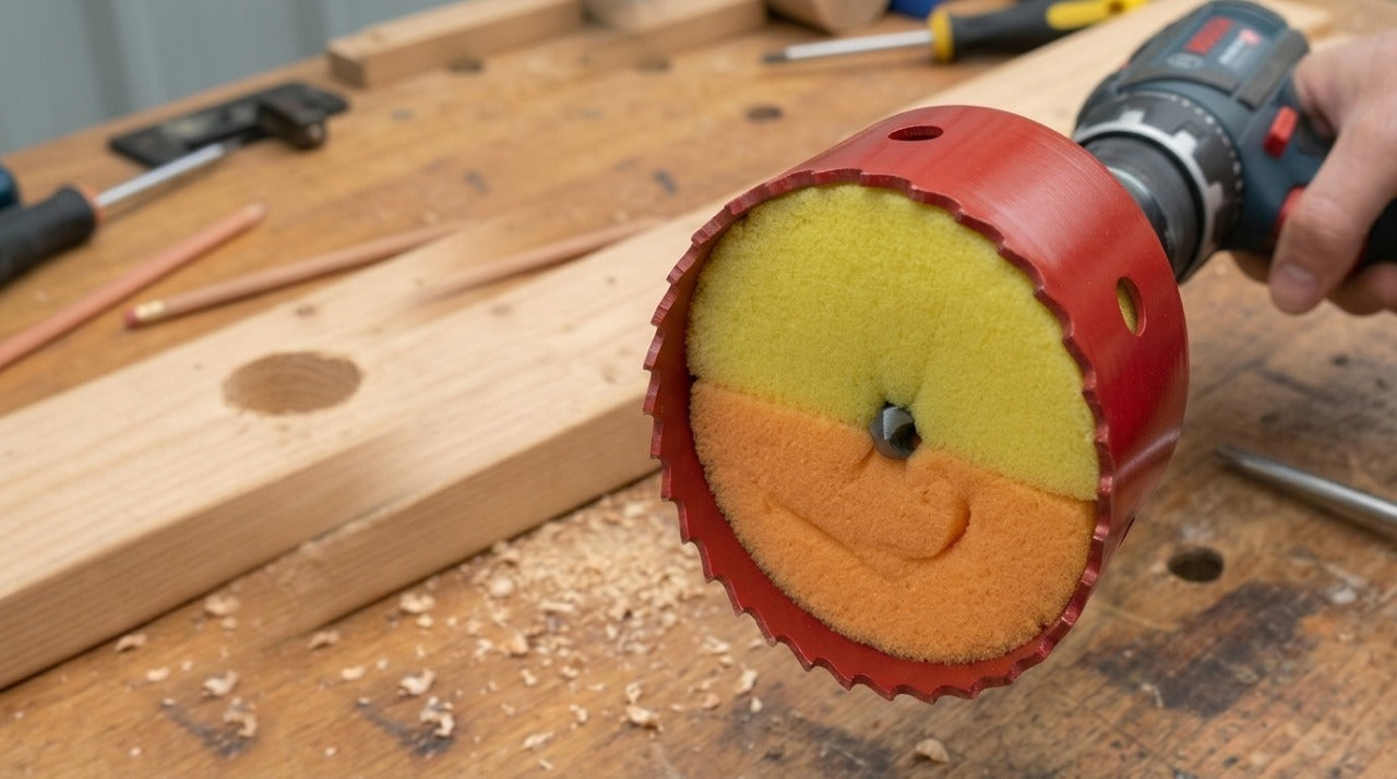 A red metal hole saw on a power drill, snugly filled with orange and yellow sponges and a center pilot bit. Background shows a wooden workbench with wood shavings | HomeDIYer