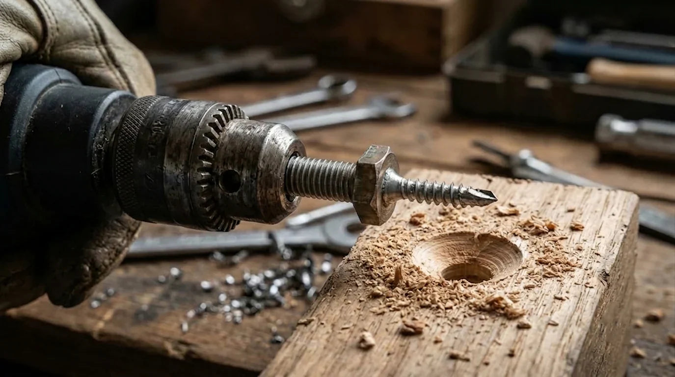 A close-up of a DIY countersink drill bit tool made by welding a self-drilling screw onto a hex bolt head, clamped in a drill chuck to create a perfect countersink hole on a wooden block with wood shavings around | HomeDIYer