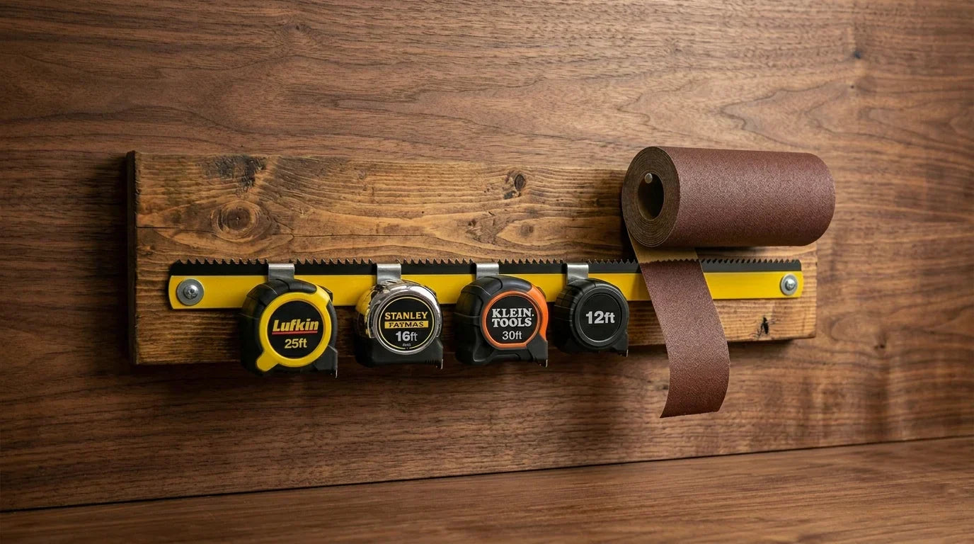 A DIY workshop organizer made from a hacksaw blade mounted horizontally on a wooden wall, holding multiple tape measures by their belt clips and featuring a sandpaper roll being torn cleanly along the sharp top teeth | HomeDIYer