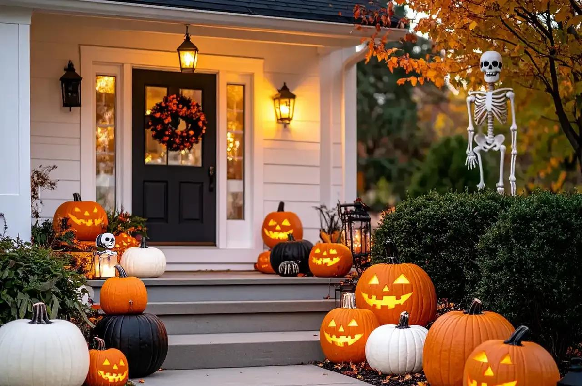 Coordinated Halloween front porch and yard decorations with pumpkins, a skeleton display, and warm evening lights.