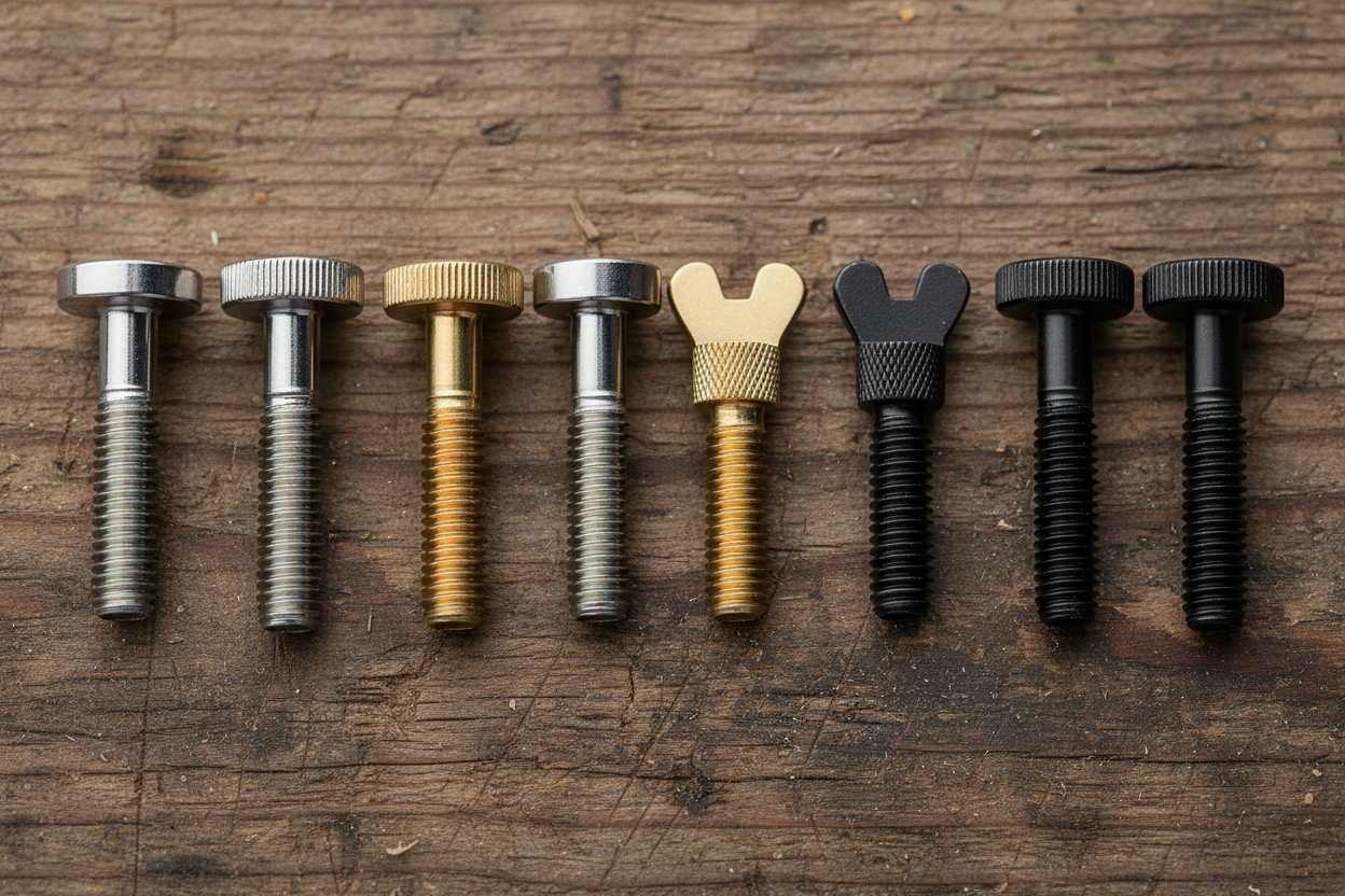 thumb screws knurled screws and wing screws flat lay on workbench stainless steel brass black finishes - HomeDIYer