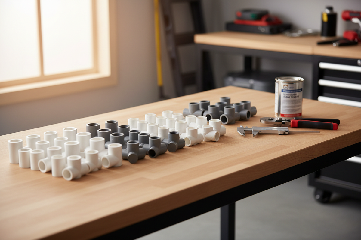 PVC pipe fittings including elbow tee 3-way 4-way 5-way solvent weld connectors on a workbench
