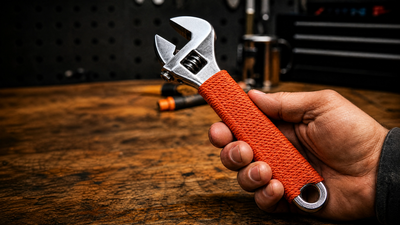 A clean, professional photograph of a hand holding an adjustable wrench with a vibrant orange braided cord-wrapped handle, set against a rustic wooden workbench in a workshop environment