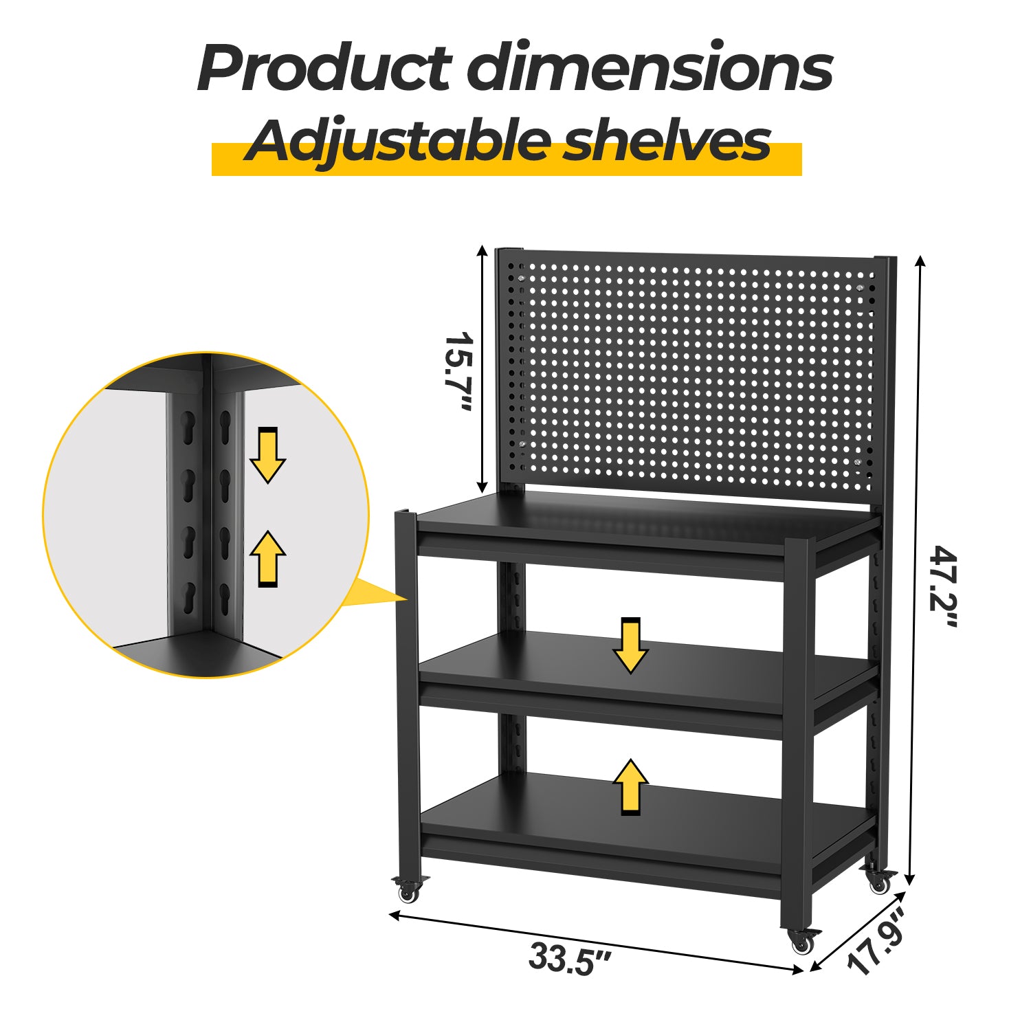 Work Bench with Pegboard,Heavy Duty 1000lbs Capacity Workbench with Wheels Adjustable Shelves,Tool Cart,Work Table for Garage Warehouse47.2 H*33.46" W*18" D