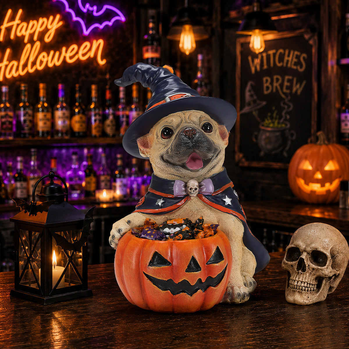 Halloween French Bulldog Figurine with Pumpkin Candy Bowl, Resin