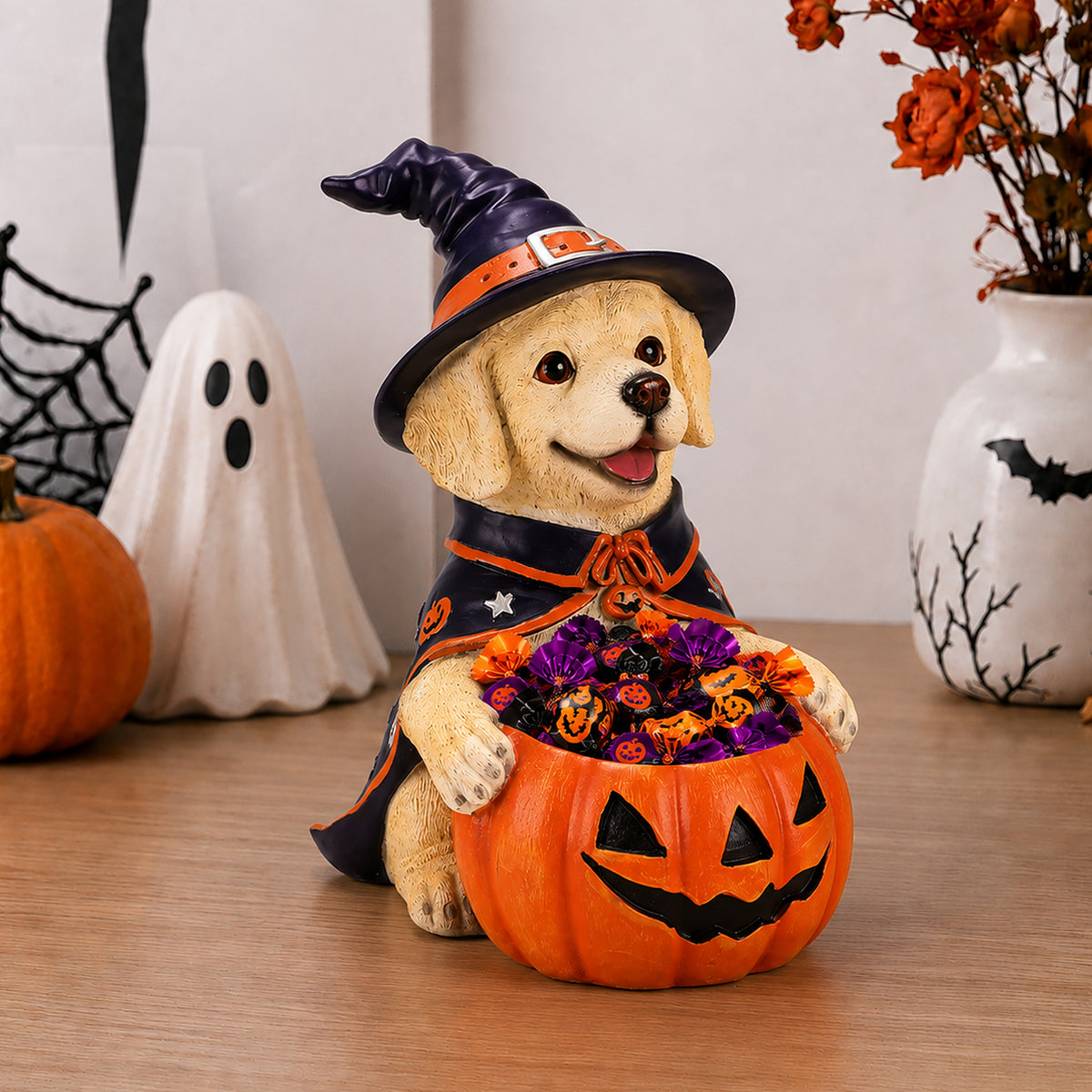 Halloween Labrador Witch Figurine with Pumpkin Candy Bowl, 12.6 in