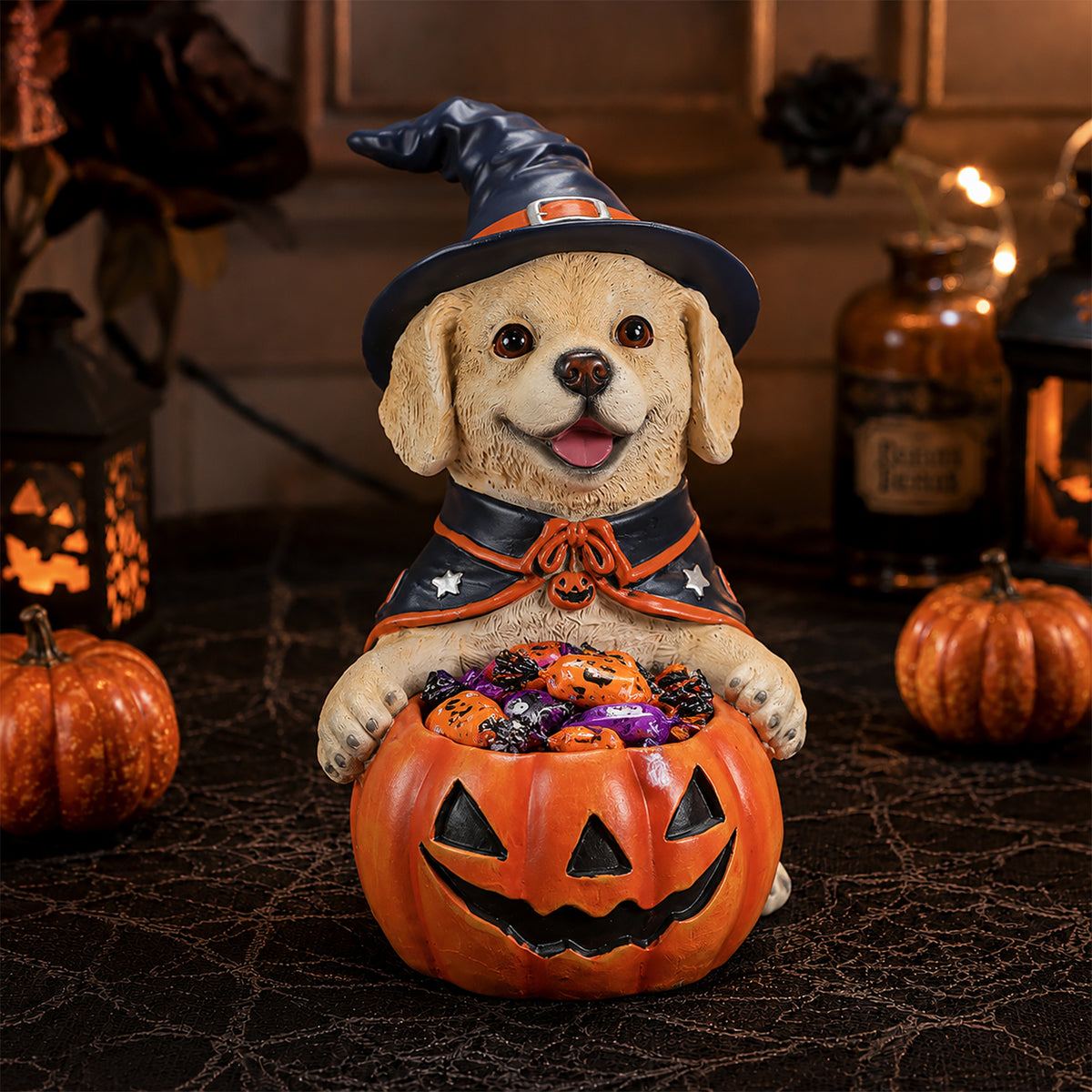 Halloween Labrador Witch Figurine with Pumpkin Candy Bowl, 12.6 in
