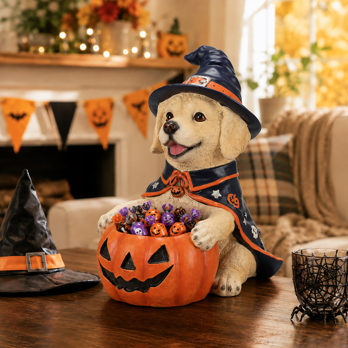 Halloween Labrador Witch Figurine with Pumpkin Candy Bowl, 12.6 in