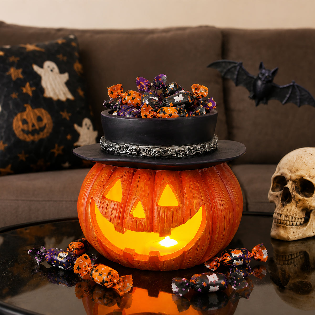 Halloween Pumpkin Candy Bowl with LED Light and Witch Hat