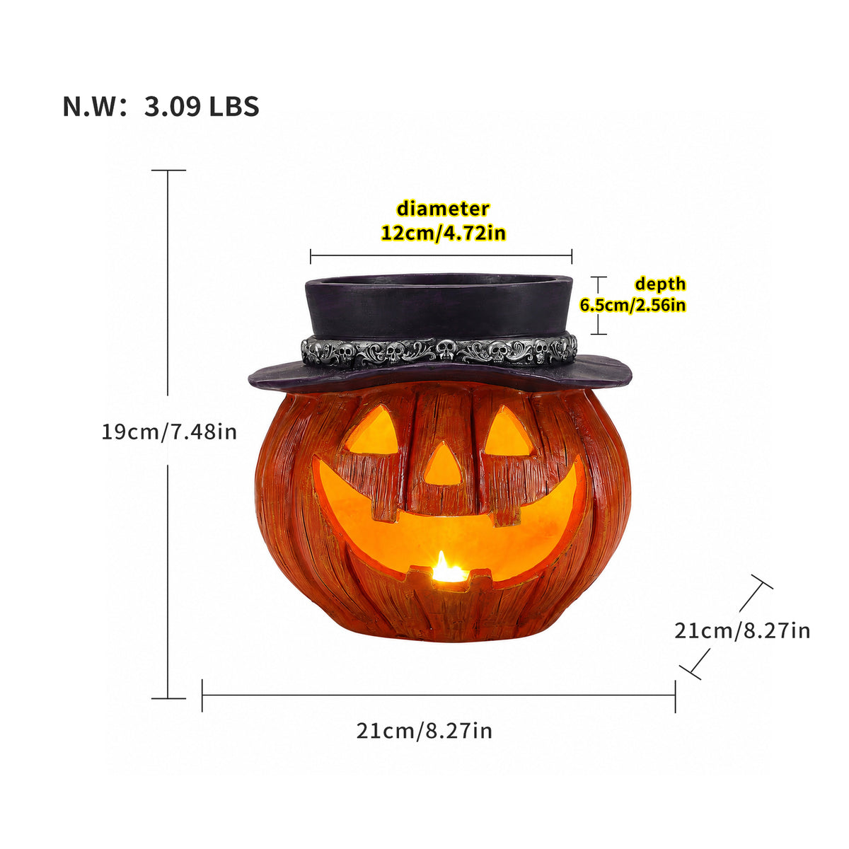 Halloween Pumpkin Candy Bowl with LED Light and Witch Hat