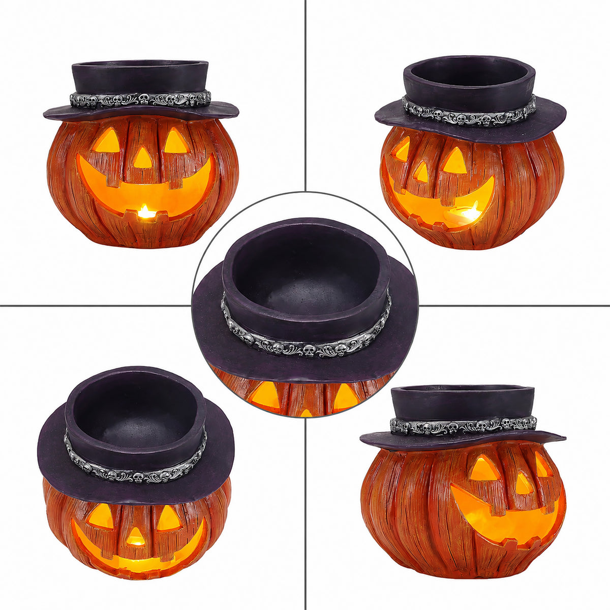 Halloween Pumpkin Candy Bowl with LED Light and Witch Hat