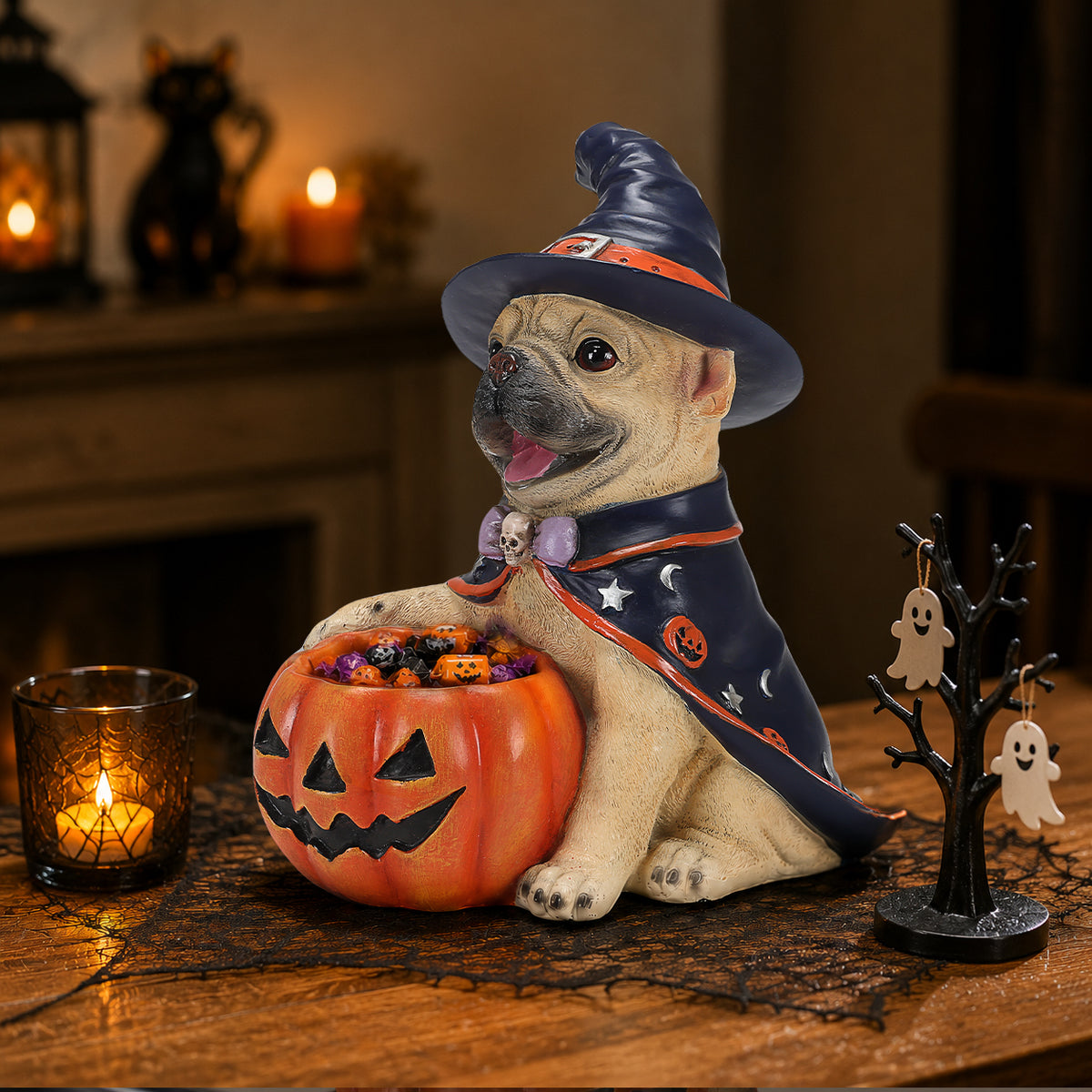 Halloween French Bulldog Figurine with Pumpkin Candy Bowl, Resin