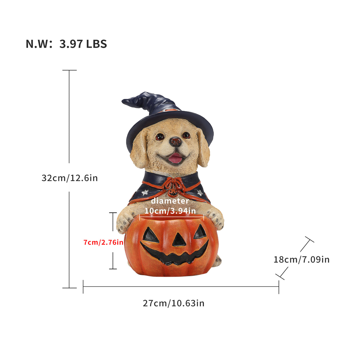 Halloween Labrador Witch Figurine with Pumpkin Candy Bowl, 12.6 in