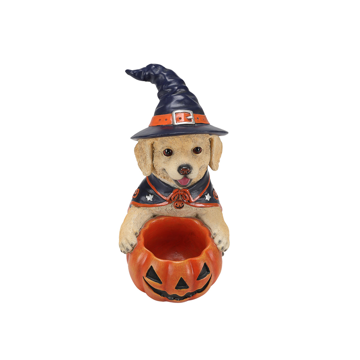 Halloween Labrador Witch Figurine with Pumpkin Candy Bowl, 12.6 in