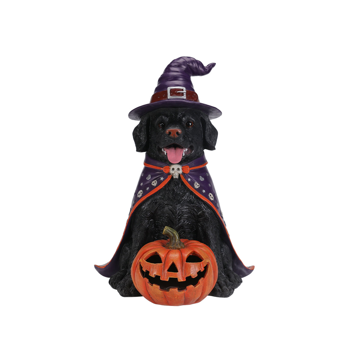 Halloween Labrador Dog Statue with LED Pumpkin, 19.69-Inch Resin