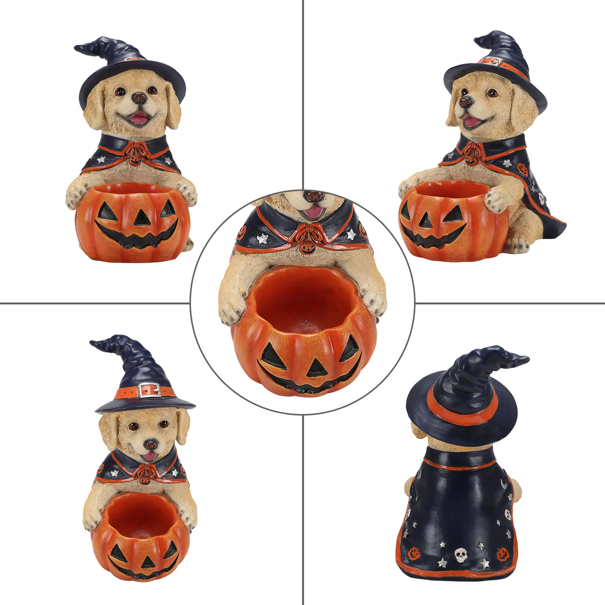 Halloween Labrador Witch Figurine with Pumpkin Candy Bowl, 12.6 in