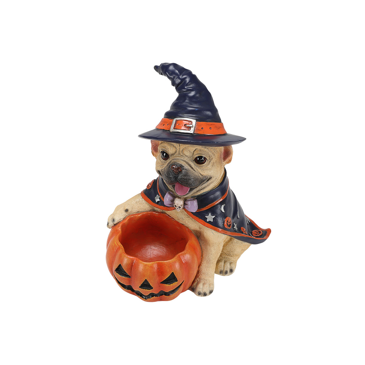Halloween French Bulldog Figurine with Pumpkin Candy Bowl, Resin