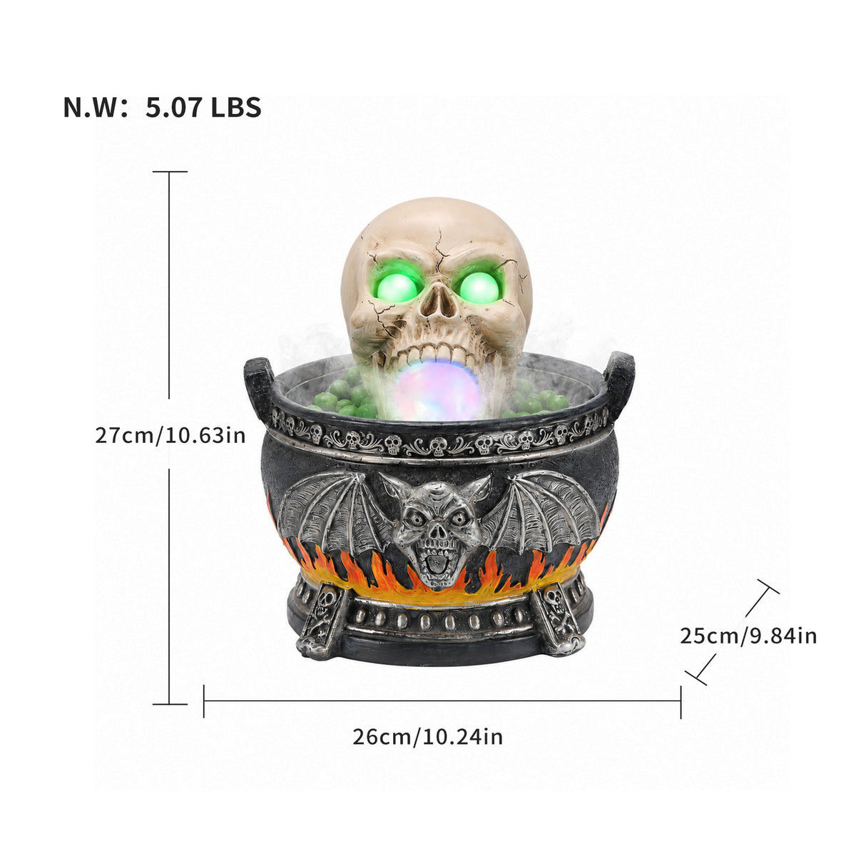 Halloween Skull Cauldron Statue with LED Lights & Mist, Resin