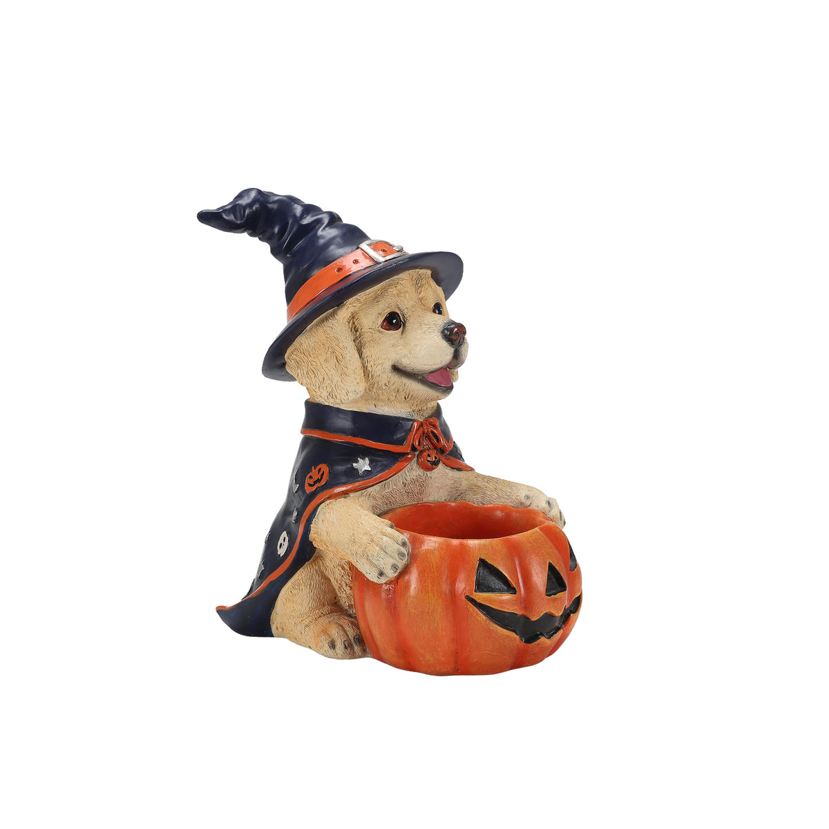 Halloween Labrador Witch Figurine with Pumpkin Candy Bowl, 12.6 in