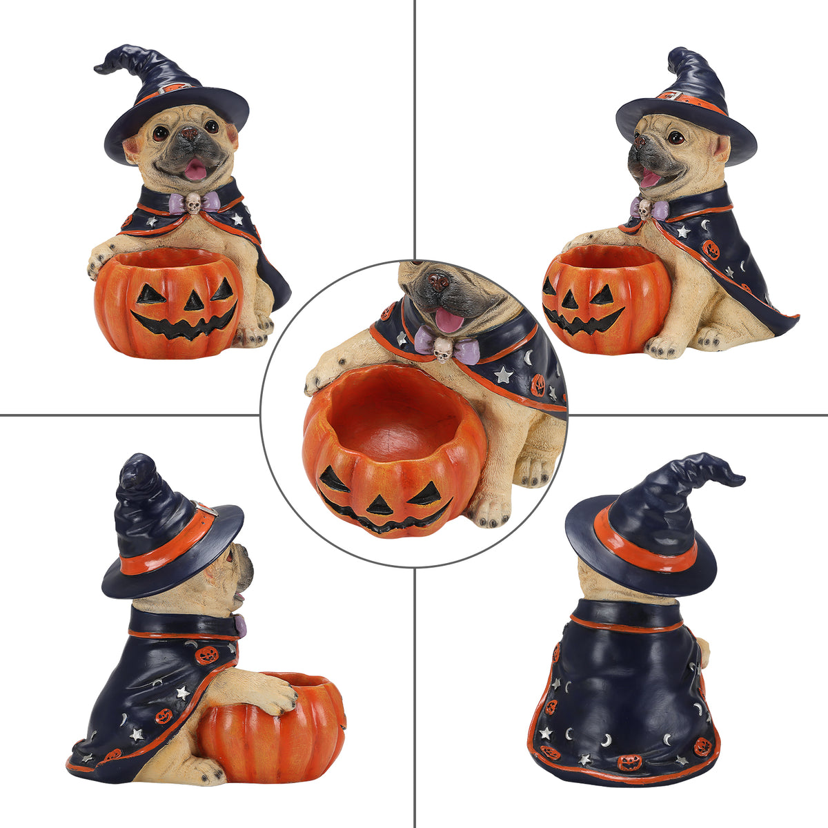 Halloween French Bulldog Figurine with Pumpkin Candy Bowl, Resin
