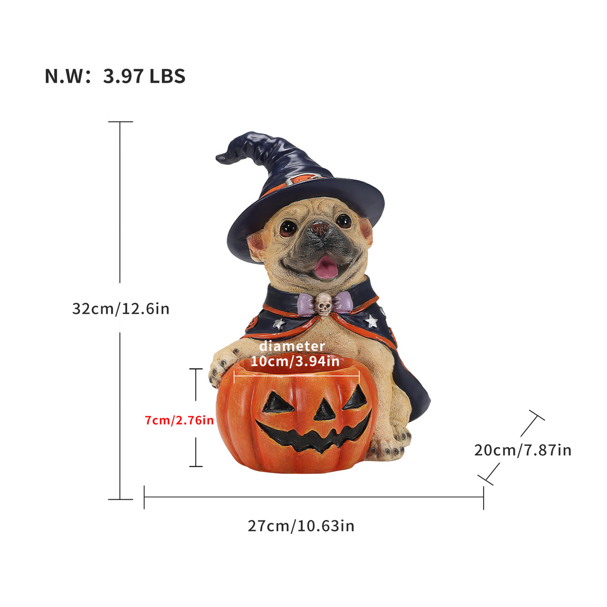 Halloween French Bulldog Figurine with Pumpkin Candy Bowl, Resin