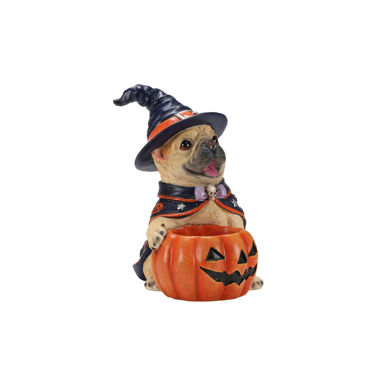 Halloween French Bulldog Figurine with Pumpkin Candy Bowl, Resin
