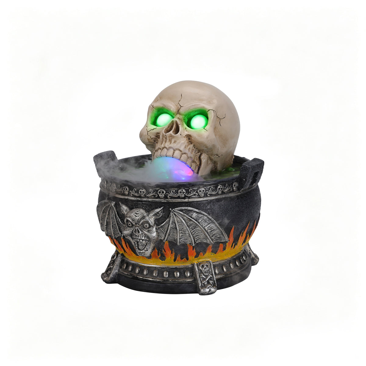 Halloween Skull Cauldron Statue with LED Lights & Mist, Resin
