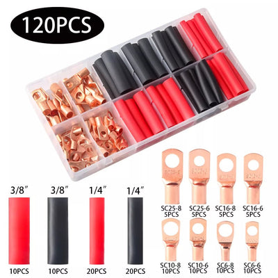 120Pcs Copper Wire Lugs with Heat Shrink Set, Battery Cable Lugs Battery Cable Ends Ring Terminals Connectors