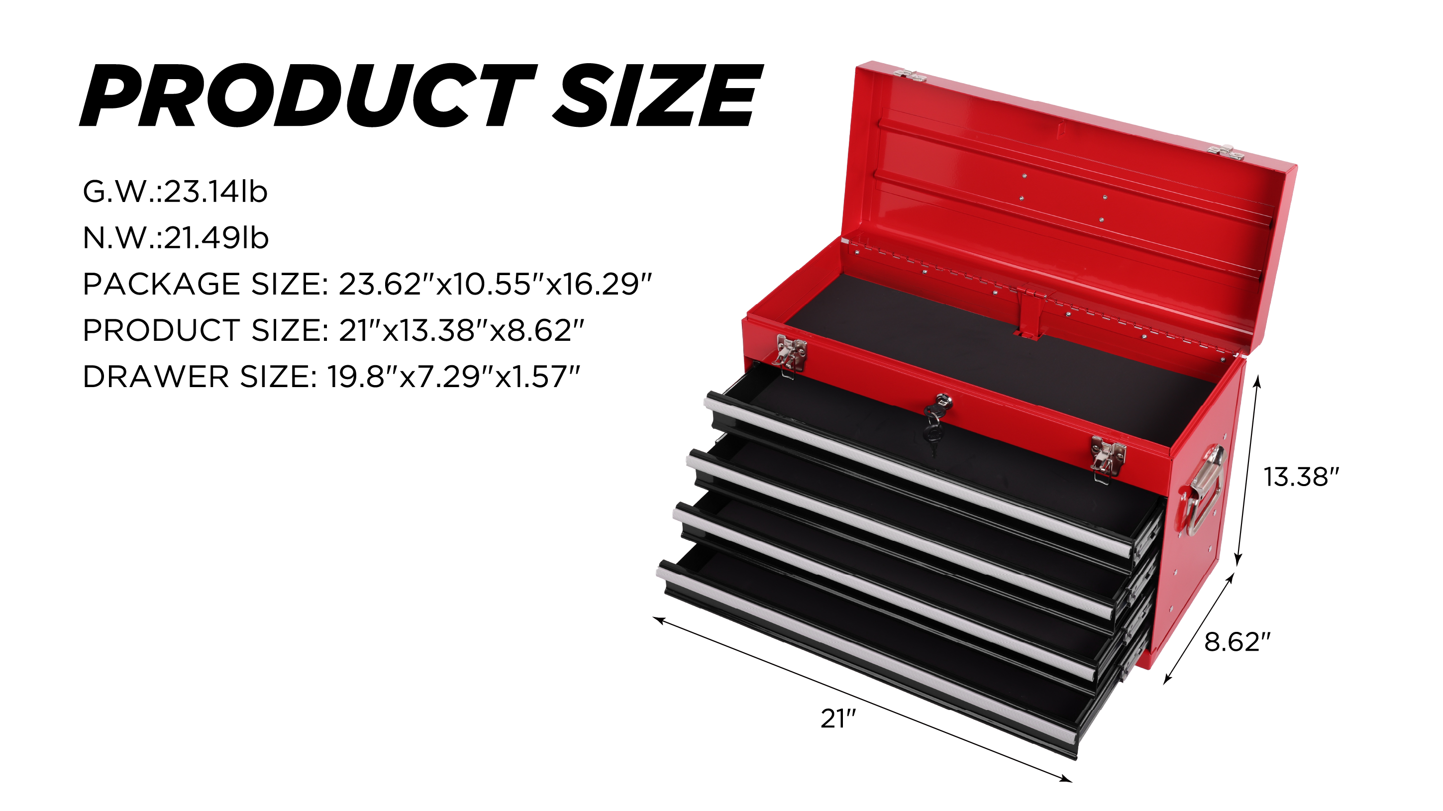 Heavy Duty Metal Tool Box – 21" Portable 4-Drawer Tool Chest with EVA Liners, Ball Bearing Slides & Locking System, Red and Black