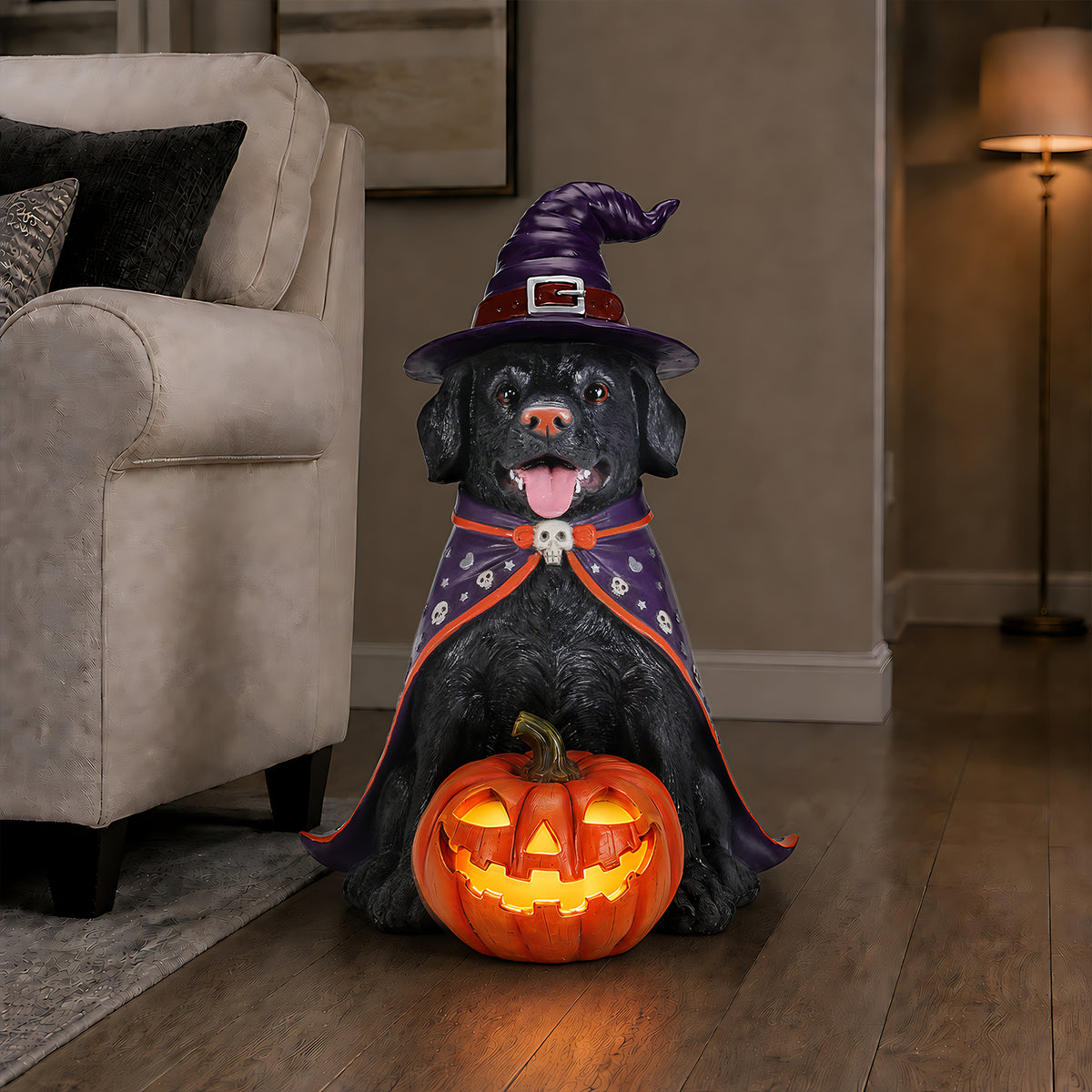 Halloween Labrador Witch Figurine with Pumpkin Candy Bowl, 12.6 in