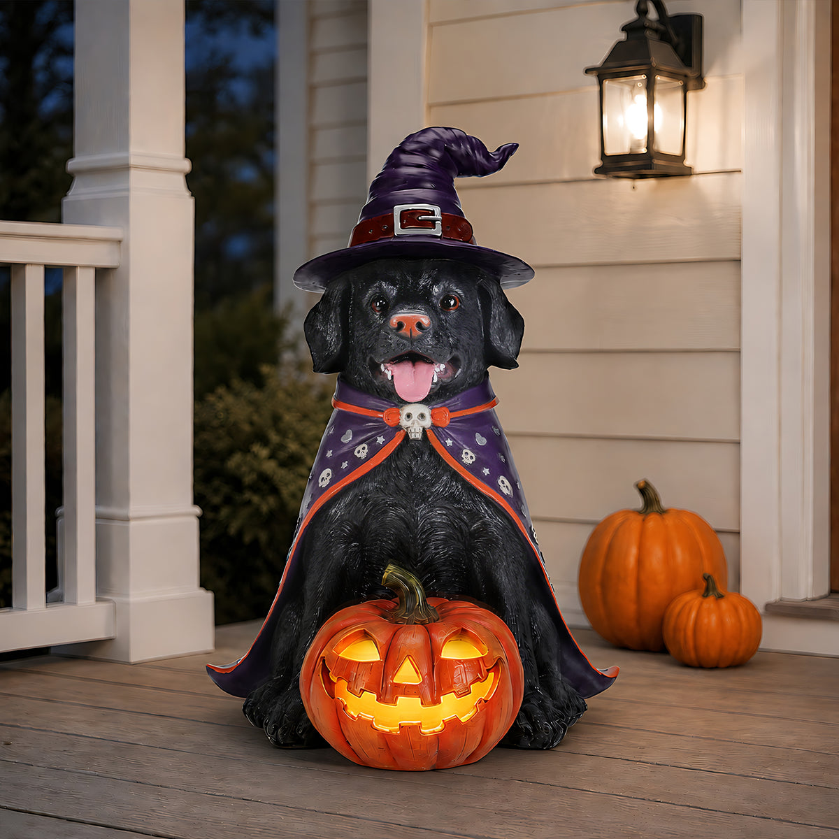 Halloween Labrador Witch Figurine with Pumpkin Candy Bowl, 12.6 in