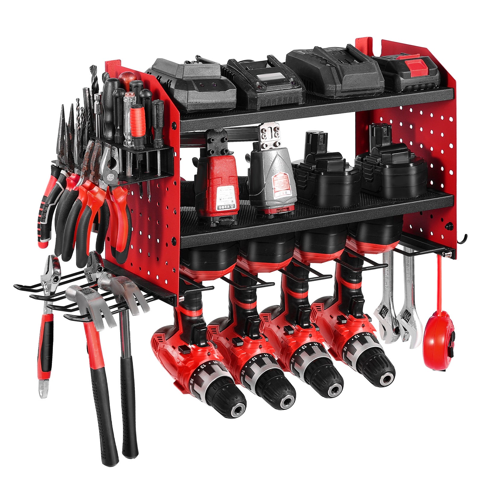 Wall Mount Power Tool Organizer, 3-Tier Rack with 4 Drill Holders & Side Pegboards, 100 lb Capacity, Q235 Steel, Red