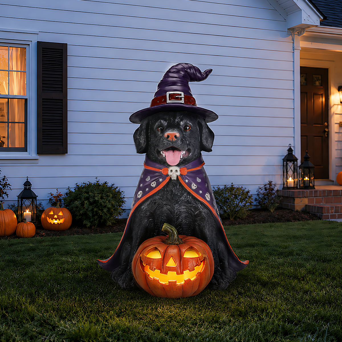 Halloween Labrador Dog Statue with LED Pumpkin, 19.69-Inch Resin