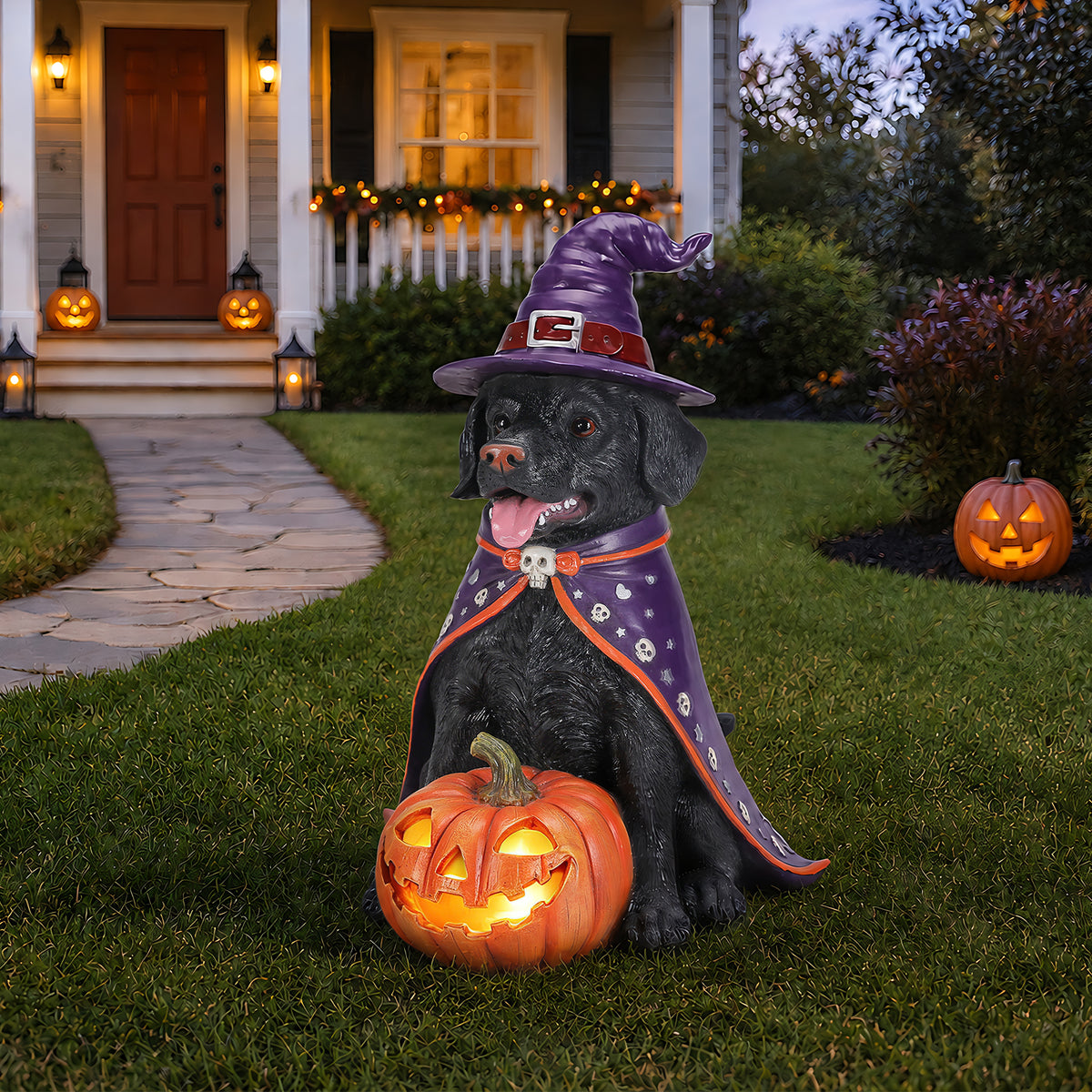 Halloween Labrador Witch Figurine with Pumpkin Candy Bowl, 12.6 in