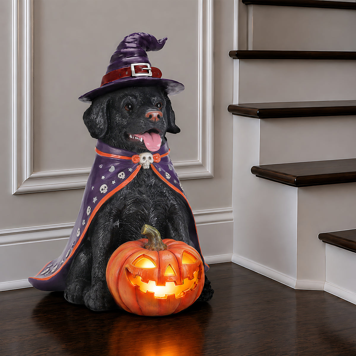Halloween Labrador Dog Statue with LED Pumpkin, 19.69-Inch Resin