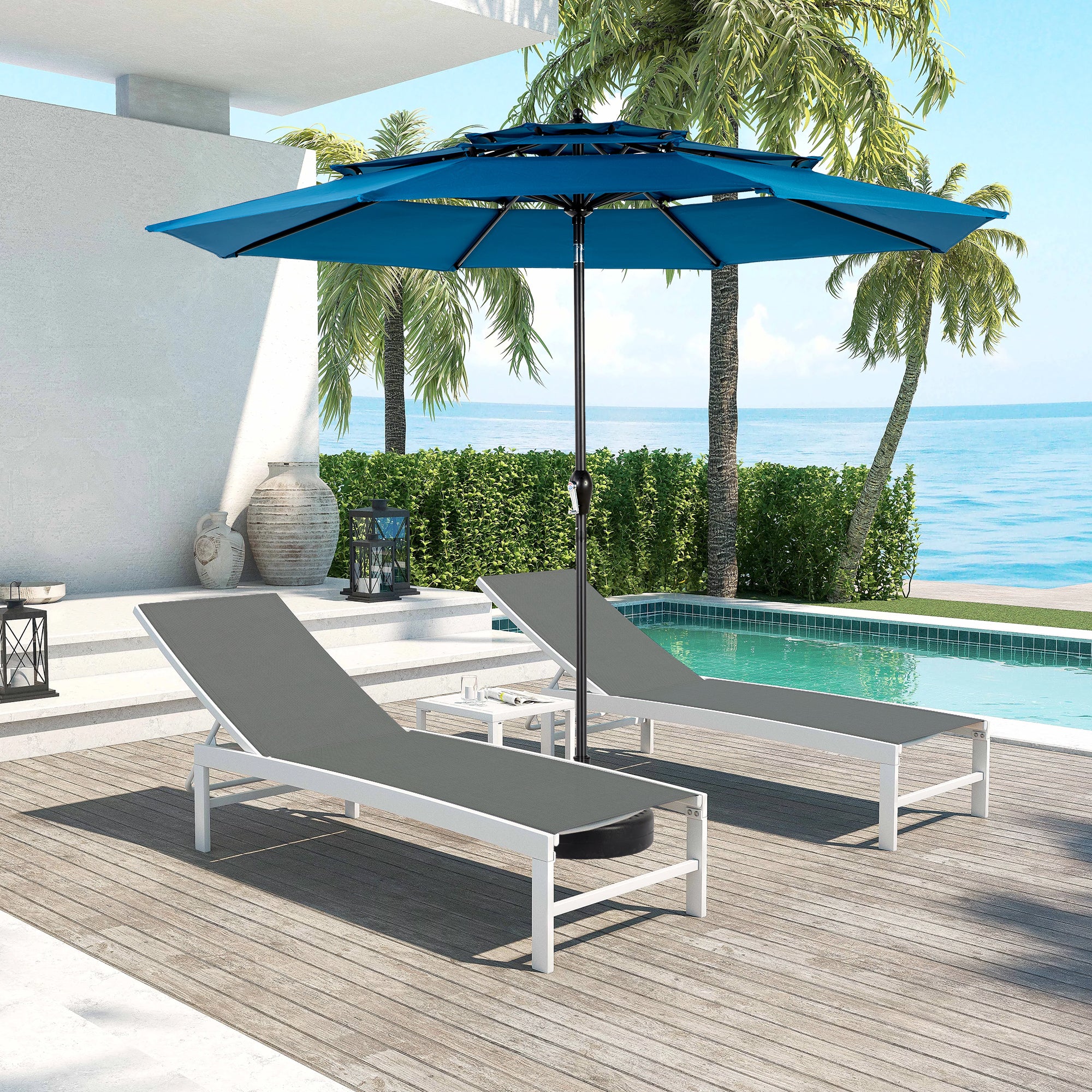 Aluminium 10ft 3-Tier Auto-Tilt Patio Umbrella – Dark Blue, Crank Open